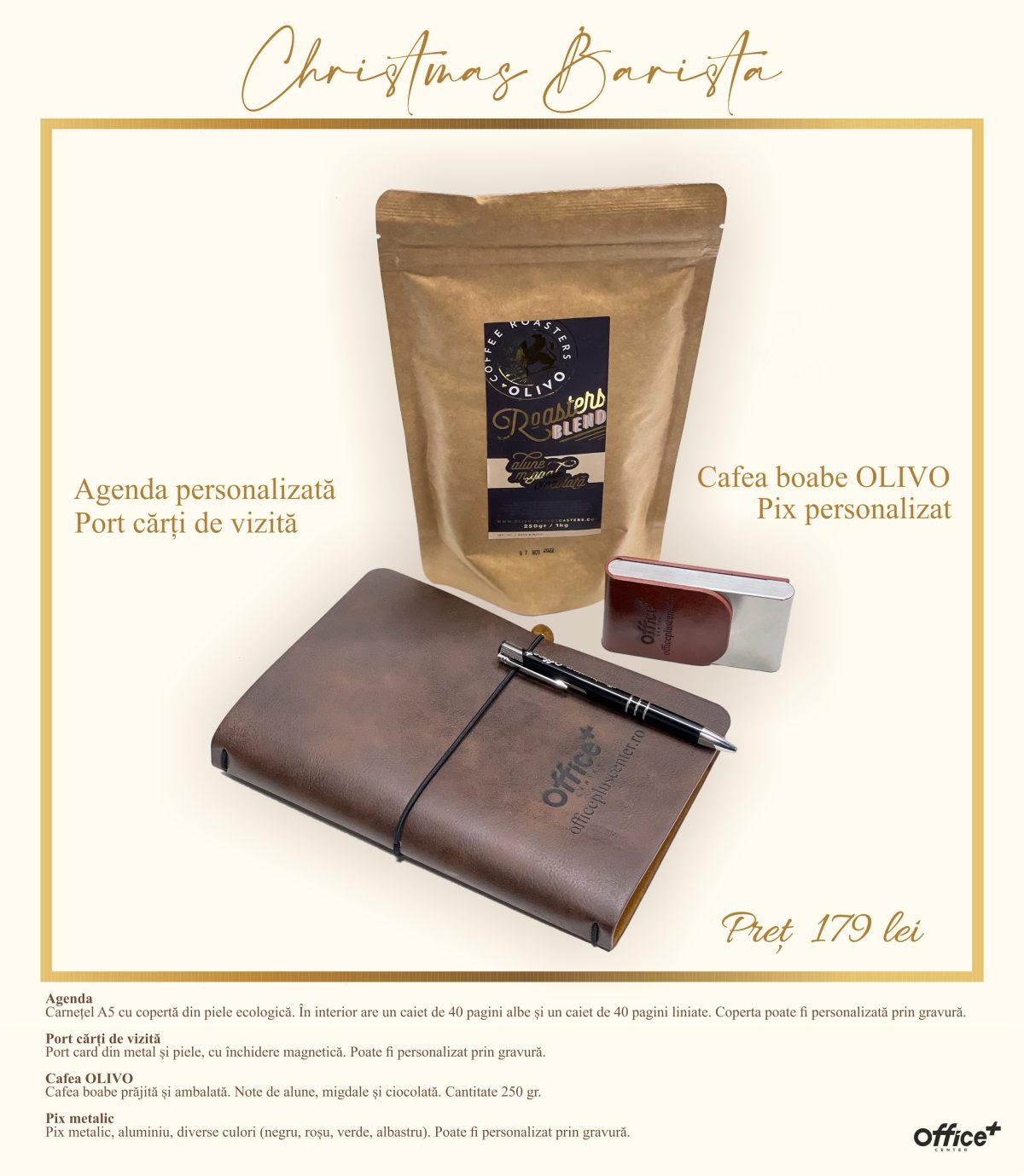 Christmas Barista Pachet cadou craciun cu Agenda A5 personalizata, port card personalizat din metal si piele, pix personalizat din metal, cafea olivo boabe