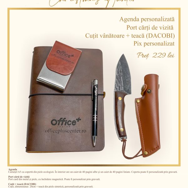 Christmas Barista Pachet cadou craciun cu Agenda A5 personalizata, port card personalizat din metal si piele, pix personalizat din metal, cutit + teaca dacobi