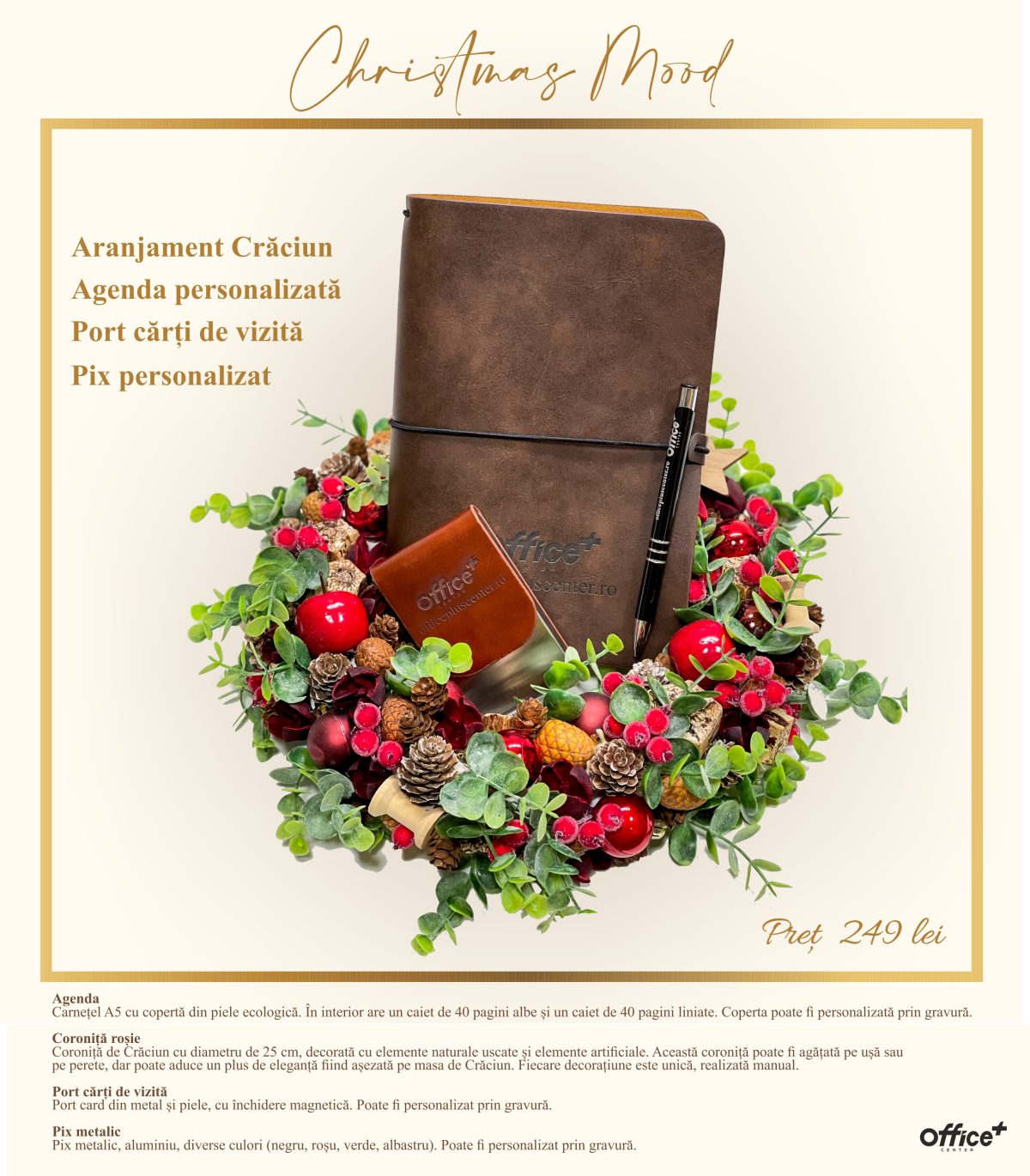 Christmas Mood Pachet cadou craciun cu Agenda A5 personalizata, port card personalizat din metal si piele, pix personalizat din metal, aranjament craciun pentru masa de craciun sau pentru usa