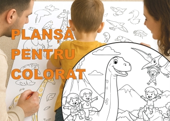 DINOZAURI PRIETENOȘI – Planșă pentru colorat 120×60 cm – educativă și distractivă pentru copii