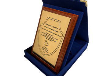 Cutie Catifea Albastră cu Placheta din lemn